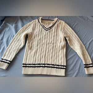 Boy’s V-Neck Cable Knit Sweater White with Black Accents